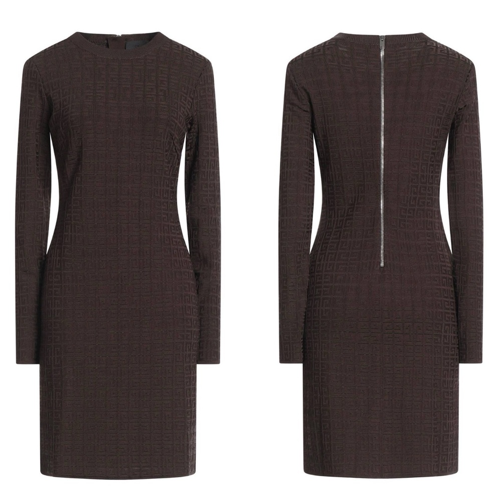 Givenchy 4G Monogram Knit Sheath Long Sleeve Dress in Chocolate Brown